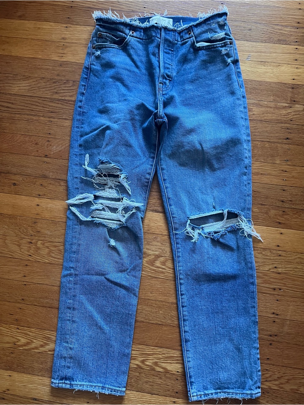 Abercrombie & Fitch Women's Blue Boyfriend Mid Rise Straight-Leg Ripped Jeans